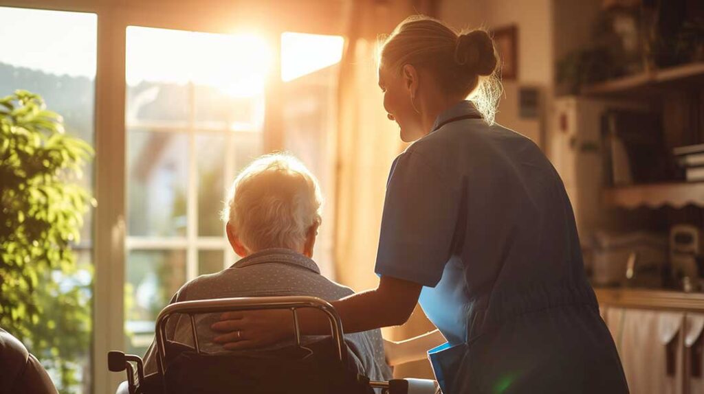 An older adult sitting with a family member, looking at photo albums together in a cozy living room.